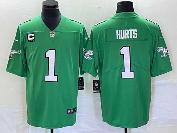 Youth Philadelphia Eagles #1 Jalen Hurts Green Vapor Limited With C Patch Stitched Football Jersey->youth nfl jersey->Youth Jersey